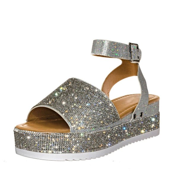 NEW Diamante Rhinestone Glitter Ankle Strap Platform Wedge Heel Sandals Open Toe - Picture 5 of 10